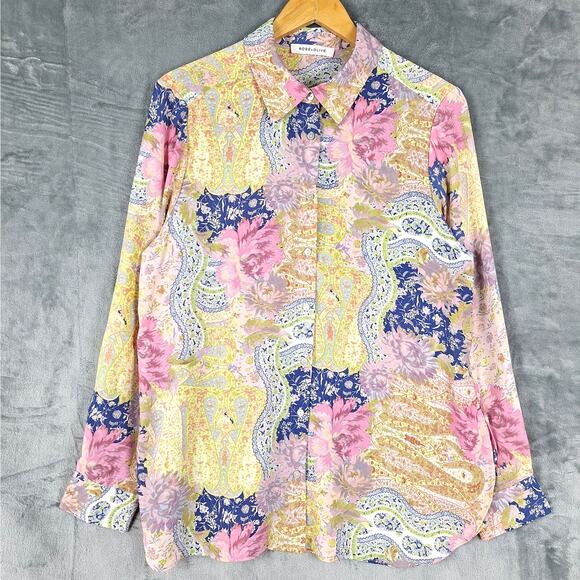 Rose & Olive Top Medium Paisley Button‎ Up Floral Patchwork Retro Career Office - Picture 1 of 8